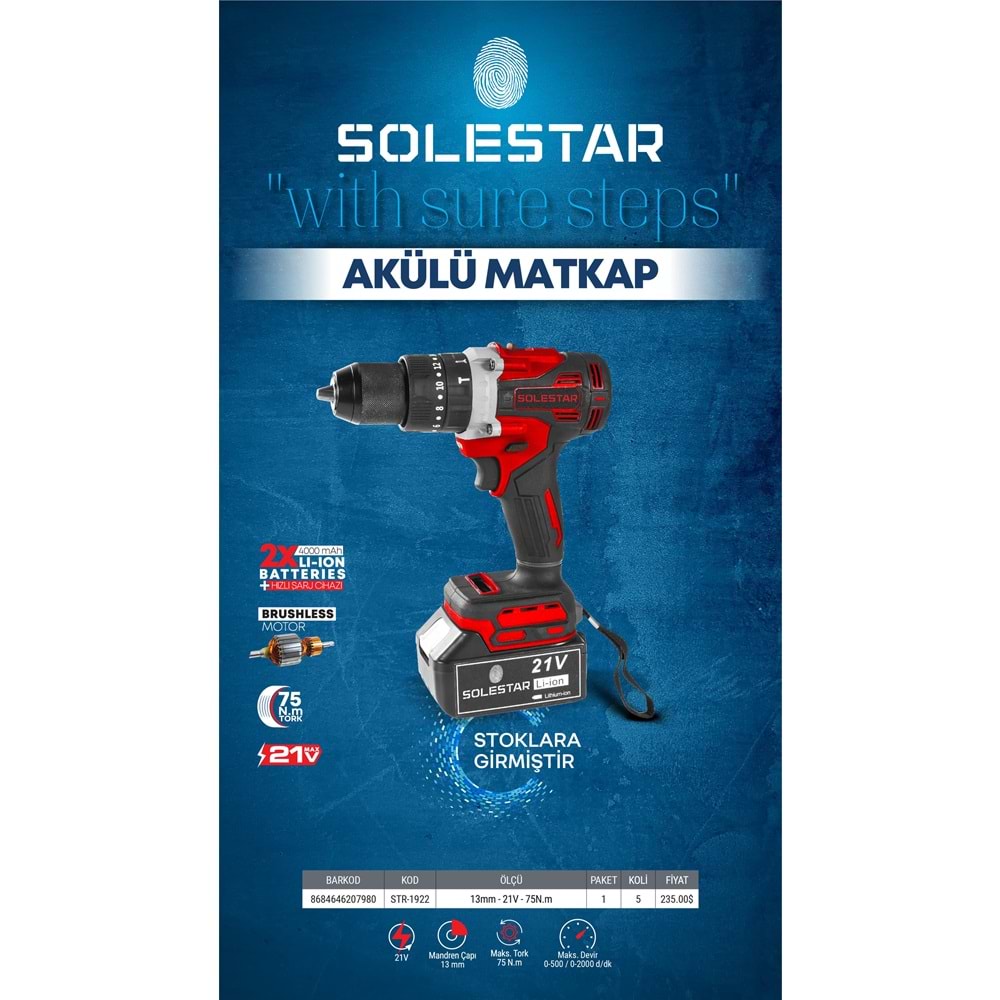 SOLESTAR STR-1922 AKULU MATKAP 13MM-75NM CIFT BATARYA +HIZLI SARJ