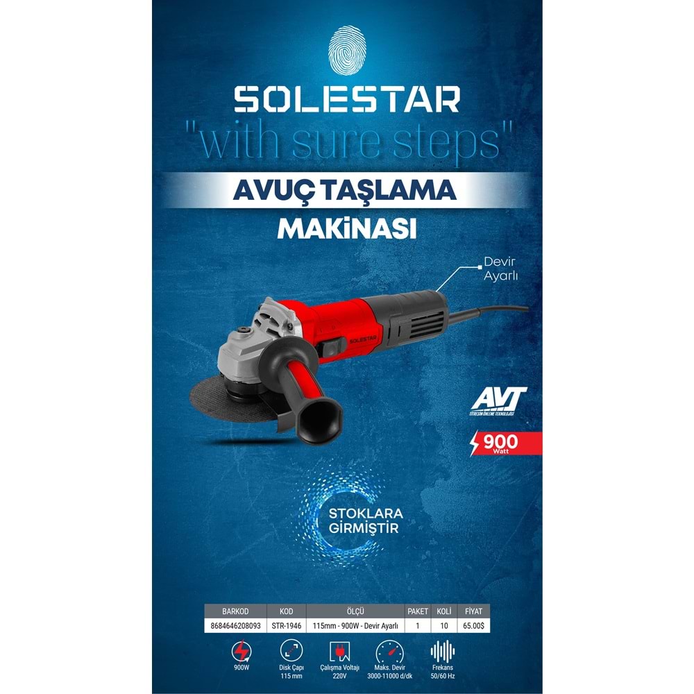 SOLESTAR STR-1946 AVUC TASLAMA MAKINESI MAKS.DEVIR AYAR. 115MM 900 WATT